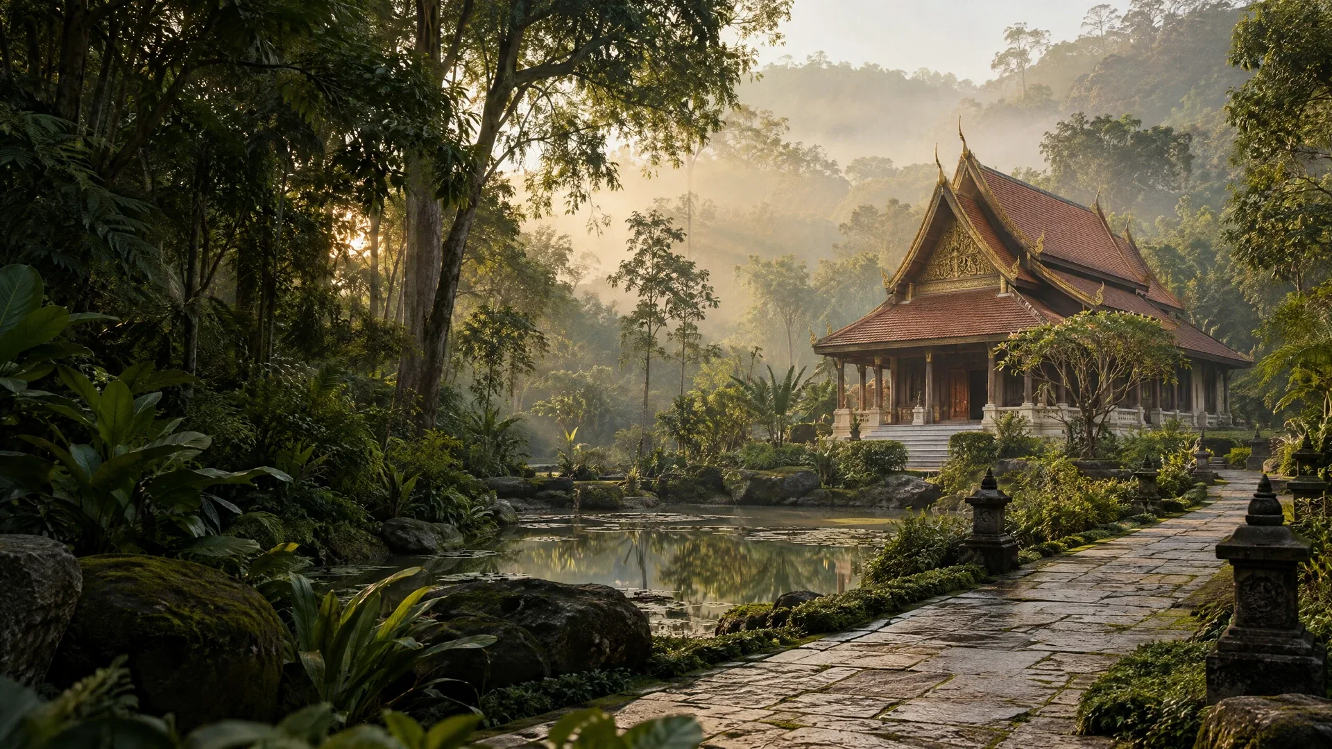 อาคารวัดแบบไทยท่ามกลางต้นไม้และแสงเช้า ภาพประกอบสถานที่สมมติ